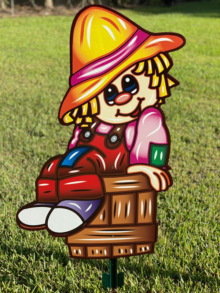 Cute Scarecrow Thanksgiving Garden Stake with Pumpkins & Candy Corn