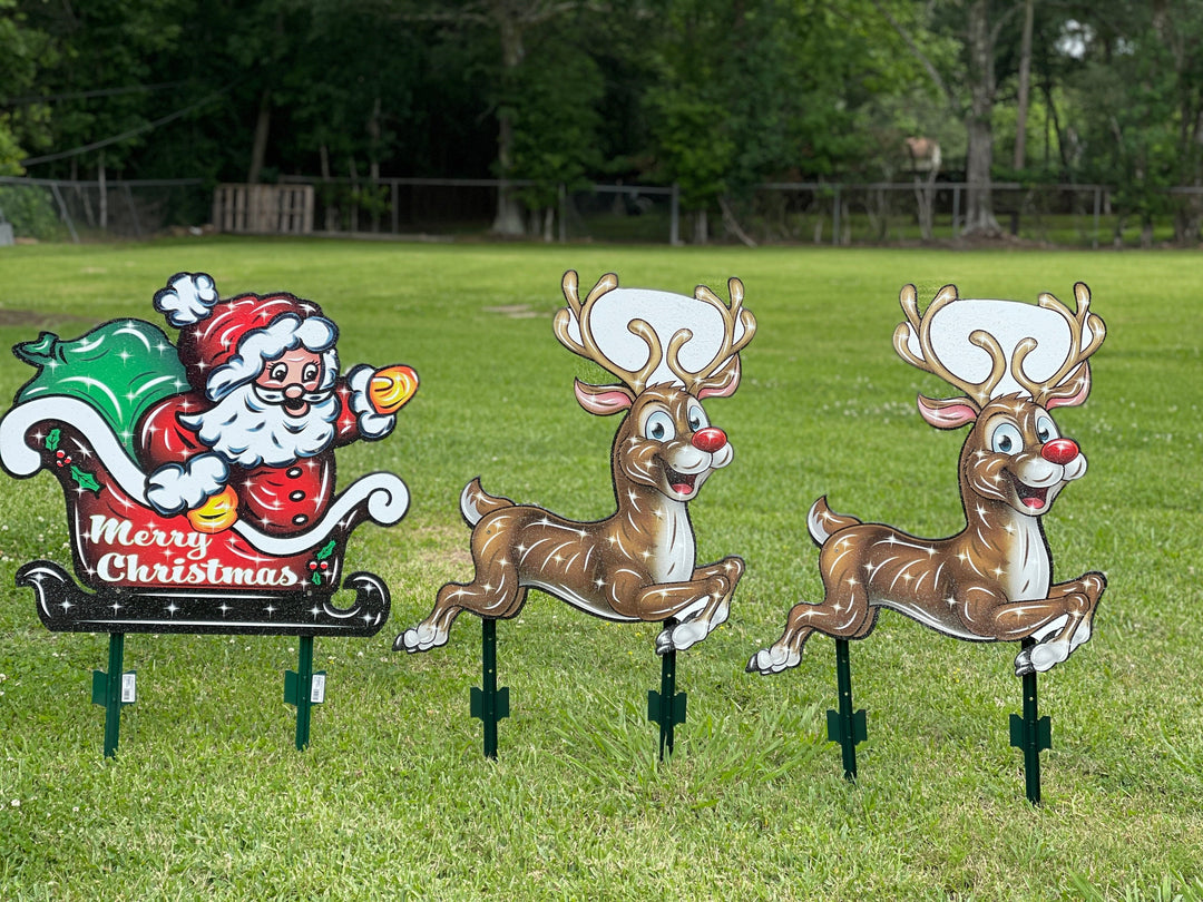 Santa in Sleigh with flying reindeer yard art decoration