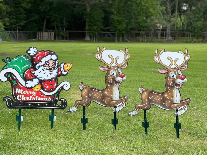 Santa in Sleigh with flying reindeer yard art decoration