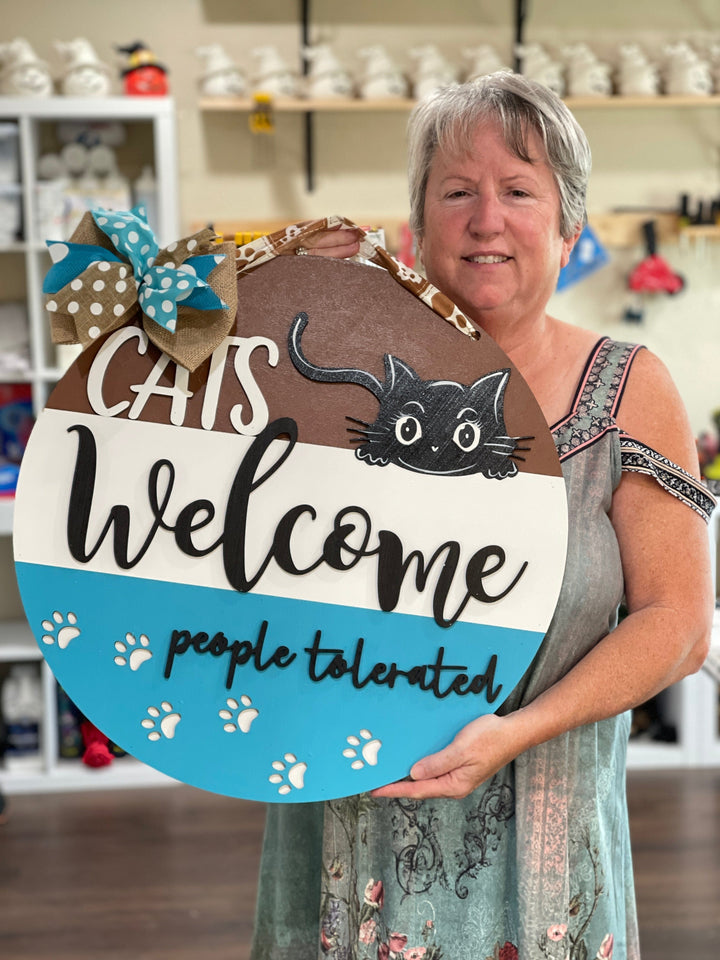Finished Cats Welcome People Tolerated Door Hanger with Ribbon and Bow