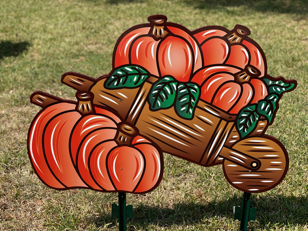 Pumpkin Wheelbarrow & Candy Corn Fall Yard Sign Set – Cute Autumn Garden Decor, Thanksgiving Outdoor Decoration, Housewarming Gift