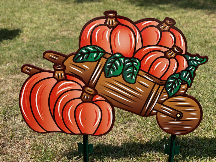 Pumpkin Wheelbarrow & Candy Corn Fall Yard Sign Set – Cute Autumn Garden Decor, Thanksgiving Outdoor Decoration, Housewarming Gift