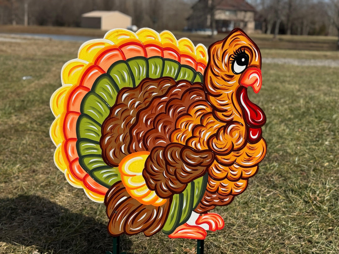 Outdoor yard art sign of a Thanksgiving Turkey that comes with stakes for easy mounting and placement. Decorative lawn signs are perfect for Thanksgiving Holiday yard decorations. 