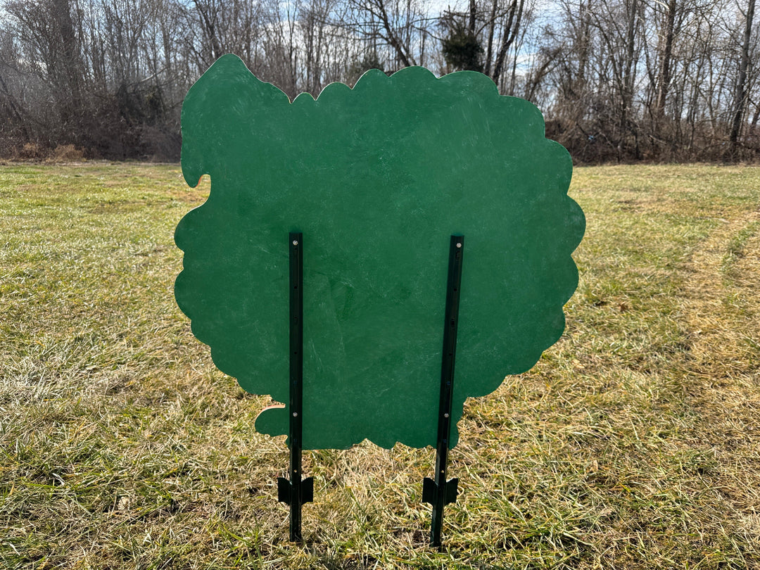 Back detail of the Turkey outdoor decorative yard sign showing the solid green color and 2 metal stakes for easy placement and installation.  Make outdoor Thanksgiving decorating easy this year with lawn signs from Yard Art Decor and More. 
