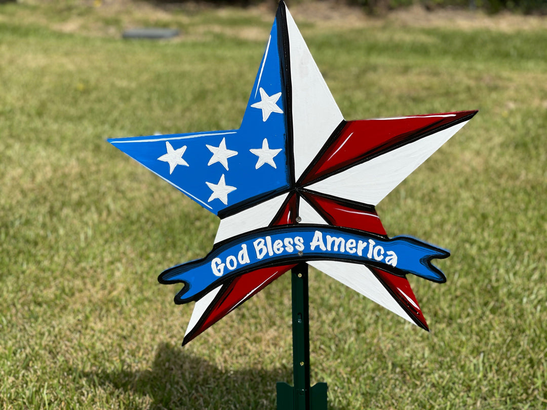 Patriotic God Bless America Star yard art sign