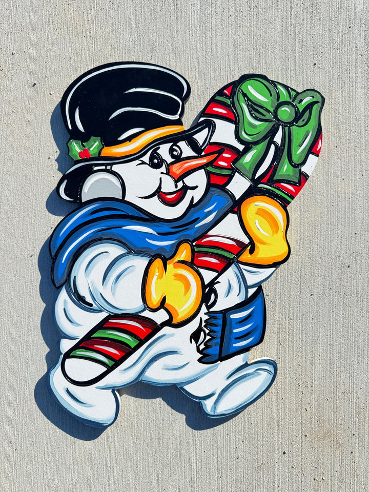 Christmas Snowman Carrying a Candy Cane DIY Blank