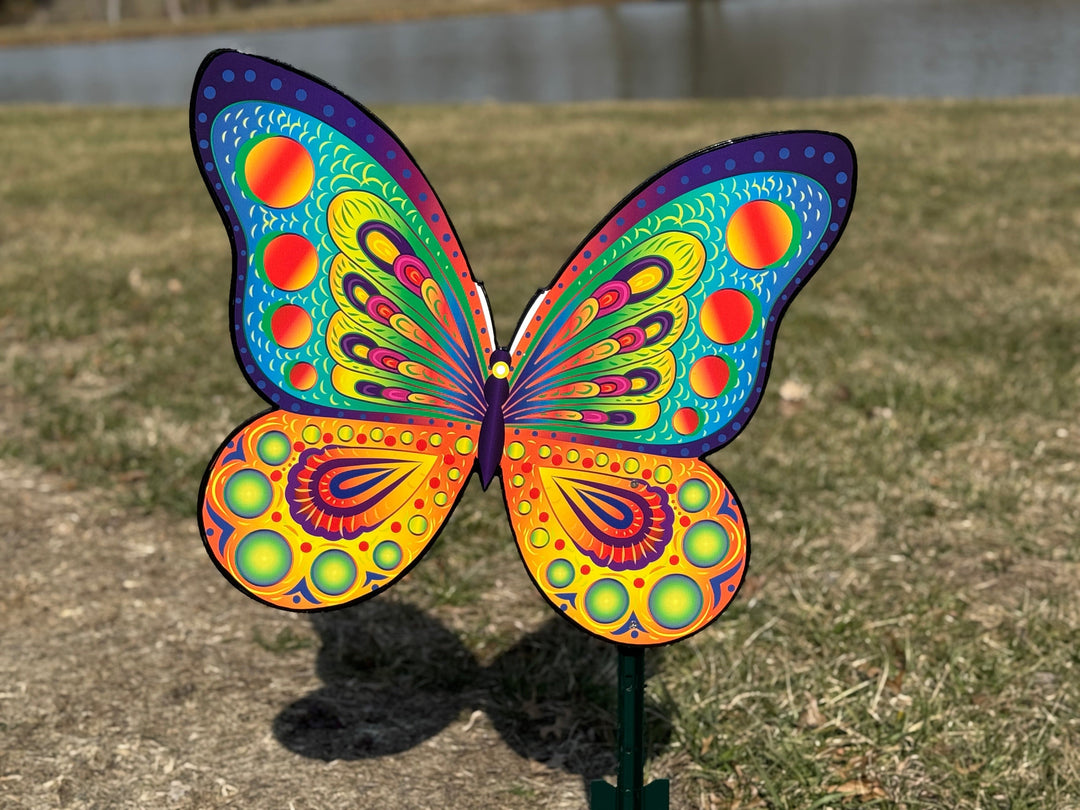 Small Pink colorful butterfly and Large blue and yellow butterfly garden signs