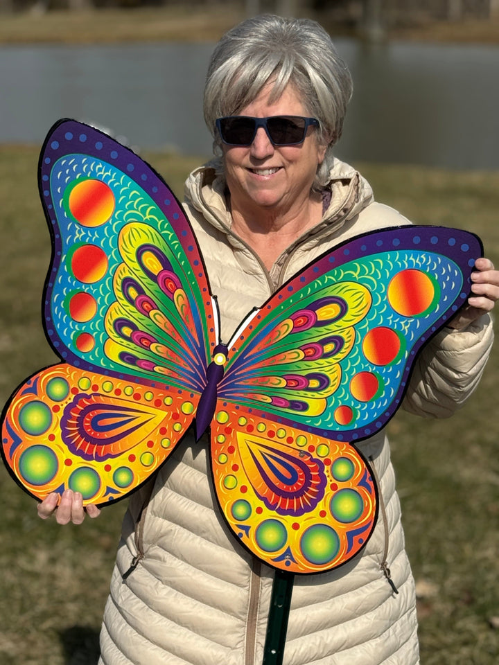 Small Pink colorful butterfly and Large blue and yellow butterfly garden signs