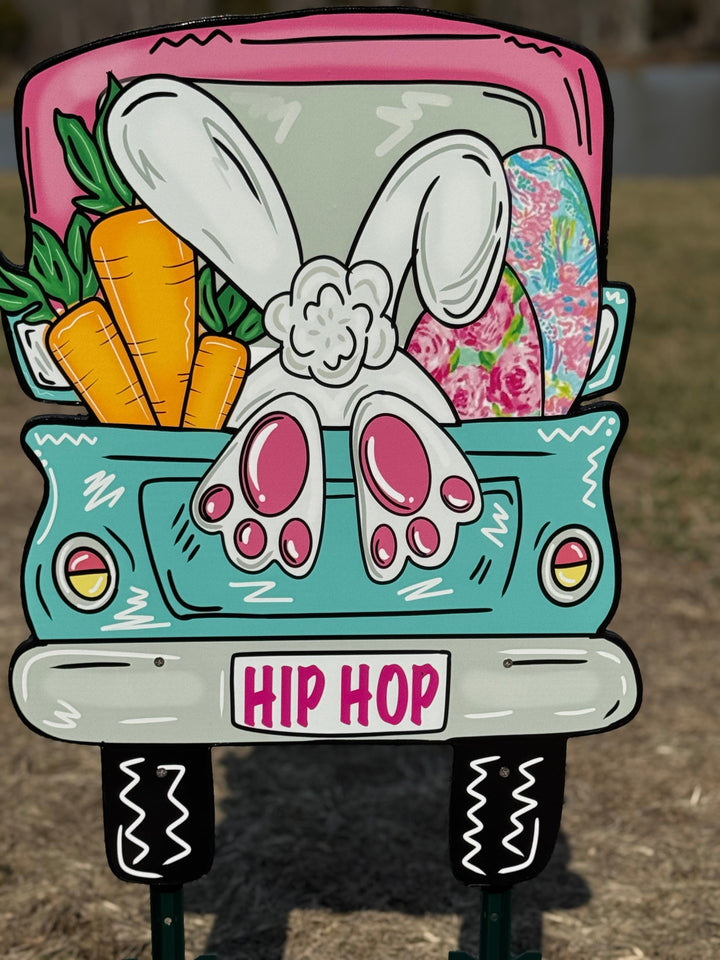 Easter Bunny Backside Blue Truck Sign Outdoor Decoration