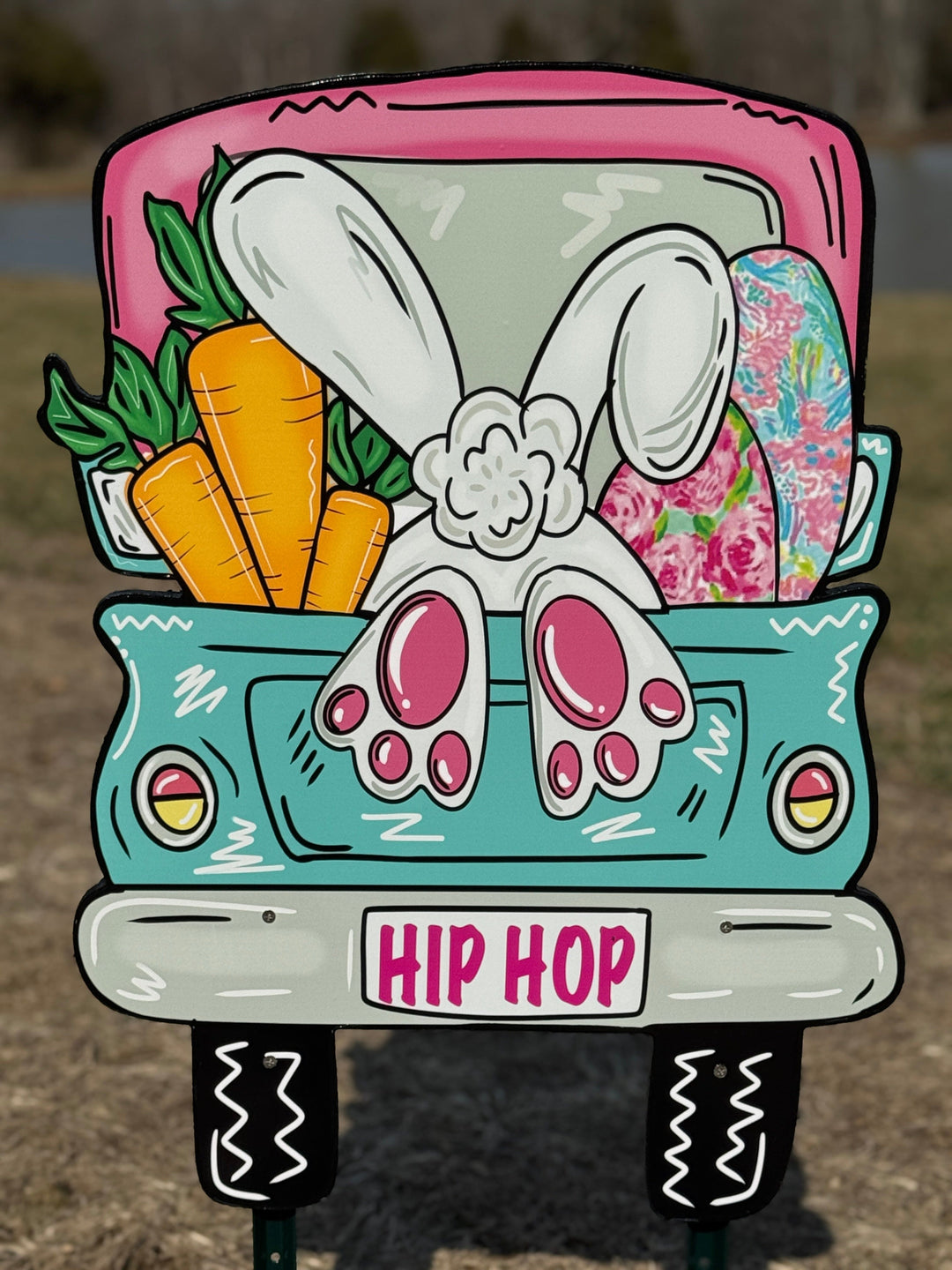 Easter Bunny Backside Blue Truck Sign Outdoor Decoration