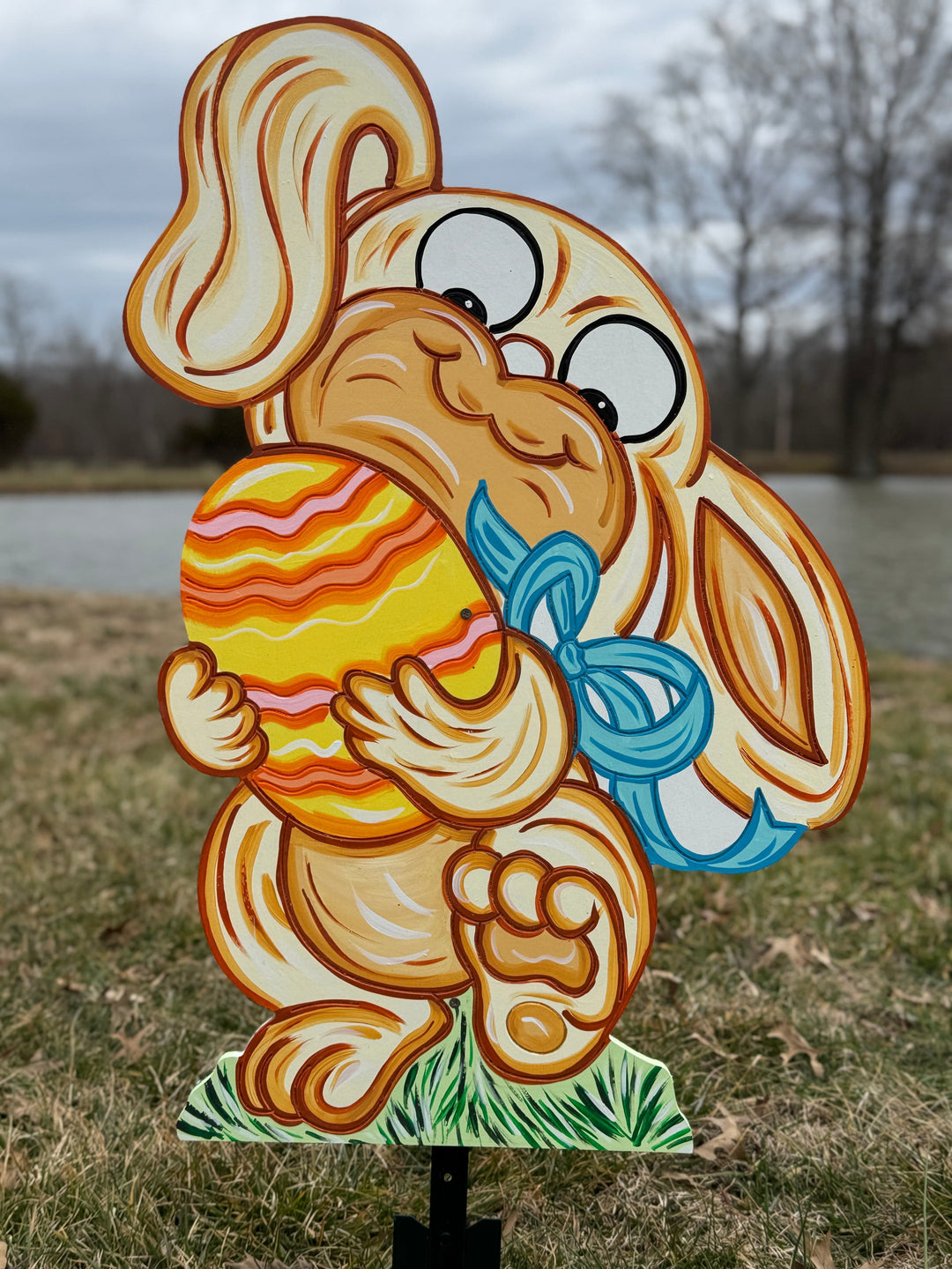Smiling Easter Bunny hugs Colorful Egg Outdoor Decoration