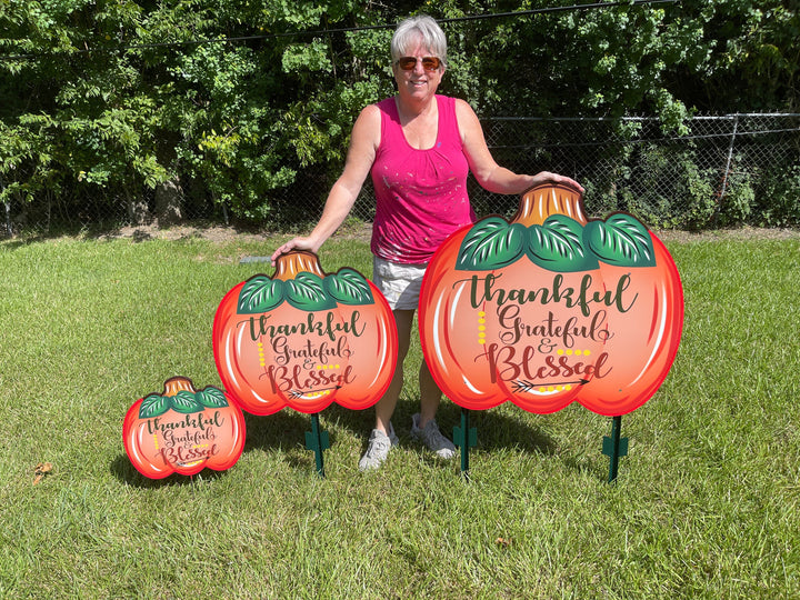  Thankful Grateful Blessed Pumpkin painted yard art design