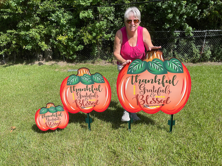  Thankful Grateful Blessed Pumpkin painted yard art design