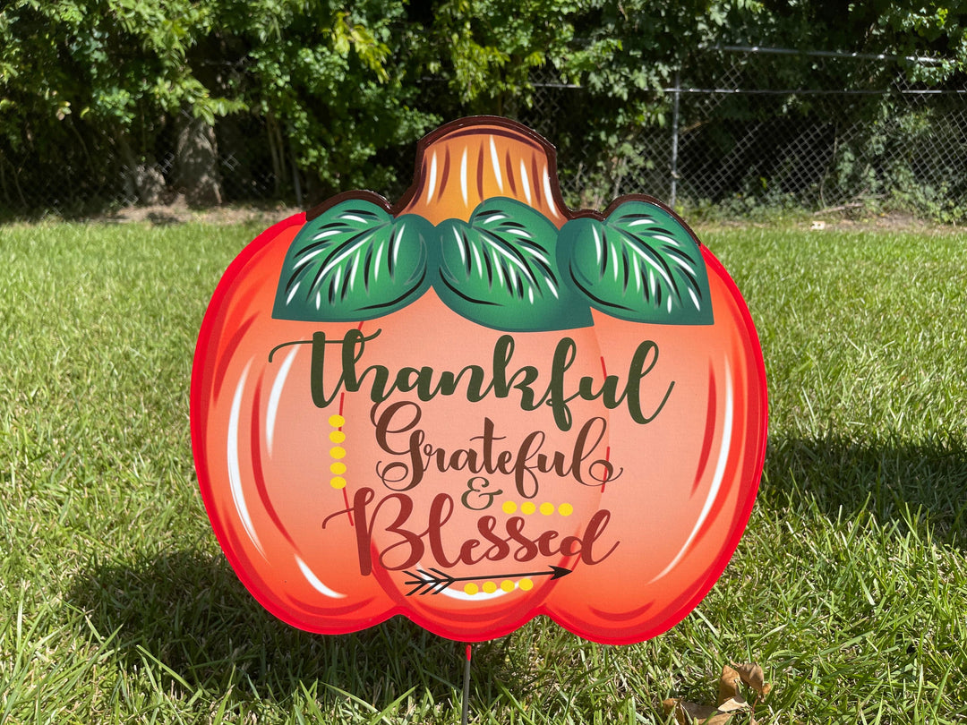  Thankful Grateful Blessed Pumpkin painted yard art design
