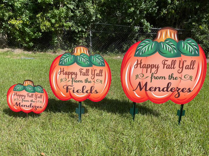 Personalized Happy Fall Y'all Pumpkin yard art decoration