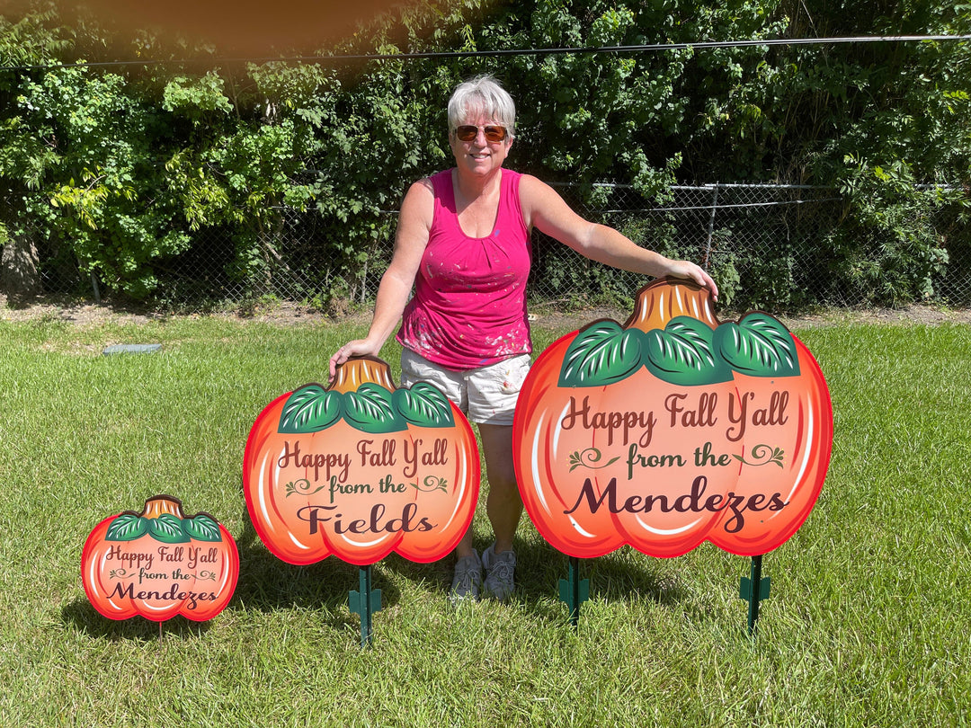 Personalized Happy Fall Y'all Pumpkin yard art decoration