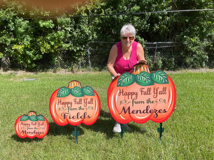 Personalized Happy Fall Y'all Pumpkin yard art decoration