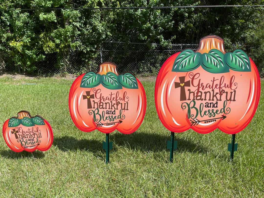 Grateful, Thankful, Blessed pumpkin fall yard art decor