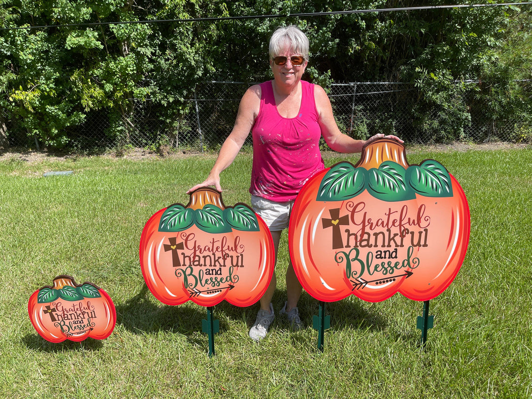 Grateful, Thankful, Blessed pumpkin fall yard art decor