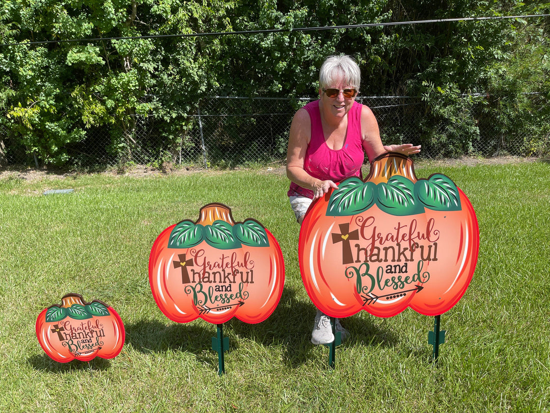 Grateful, Thankful, Blessed pumpkin fall yard art decor