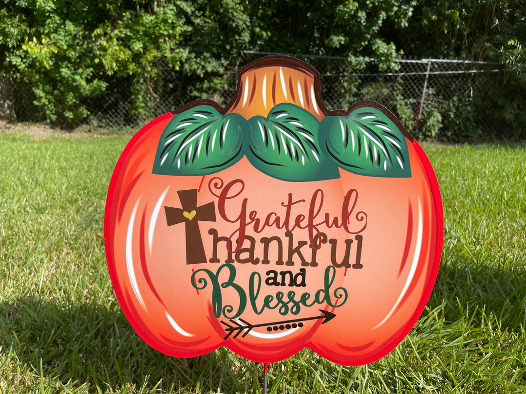 Grateful, Thankful, Blessed pumpkin fall yard art decor