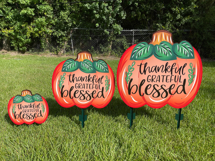 Thankful Grateful Blessed Pumpkin painted yard art decor