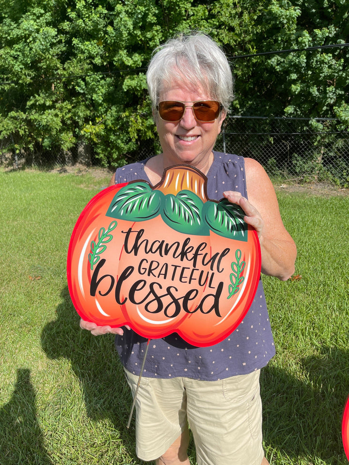 Thankful Grateful Blessed Pumpkin painted yard art decor