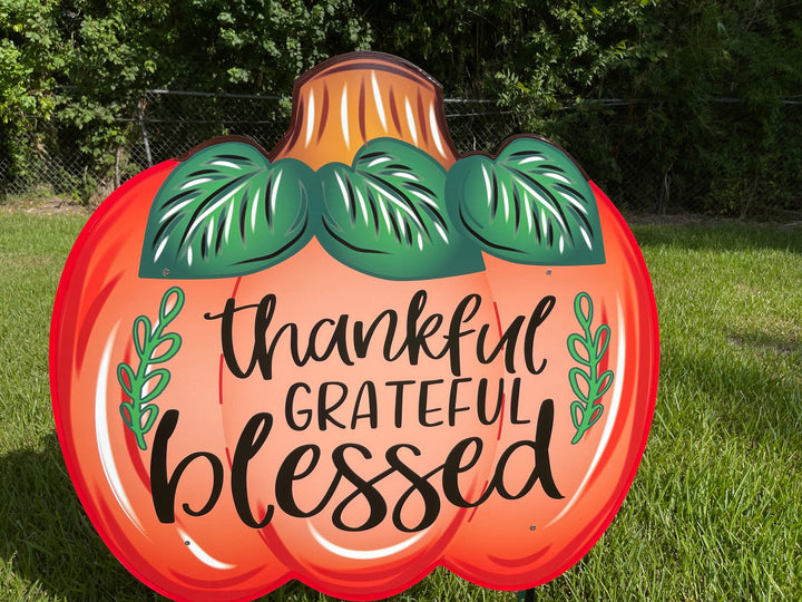 Thankful Grateful Blessed Pumpkin painted yard art decor