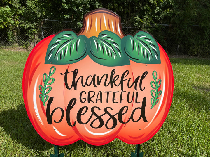 Thankful Grateful Blessed Pumpkin painted yard art decor