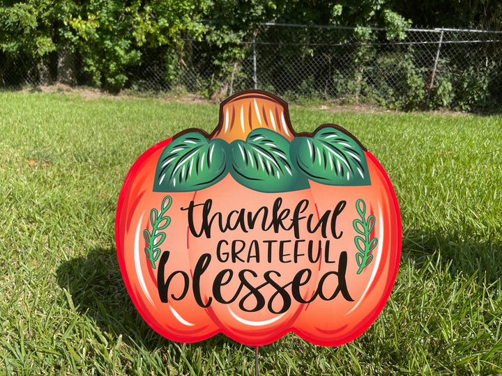 Thankful Grateful Blessed Pumpkin painted yard art decor