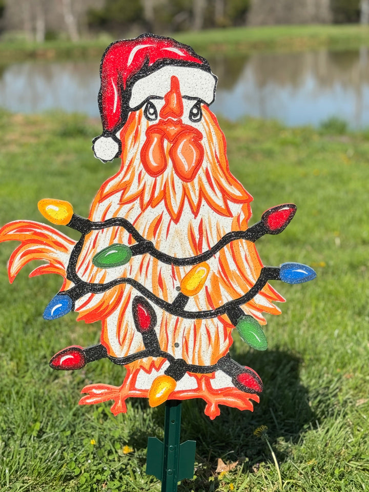 Funny Christmas Chicken Outdoor Decor | Chicken Yard Sign with Lights | Holiday Gift for Women | Farm Christmas Yard Decoration