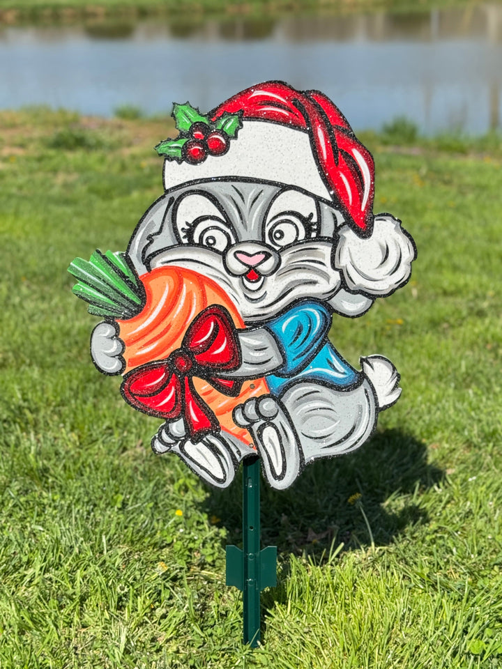 Christmas Bunny Yard Sign – Wooden Outdoor Holiday Décor | Festive Rabbit Lawn Decoration for Farm & Garden Displays