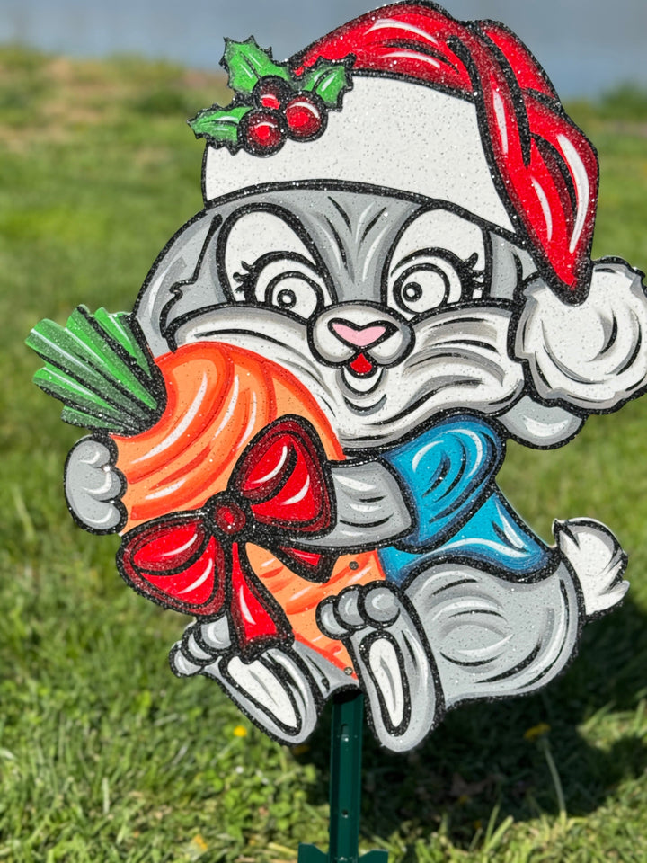 Christmas Bunny Yard Sign – Wooden Outdoor Holiday Décor | Festive Rabbit Lawn Decoration for Farm & Garden Displays
