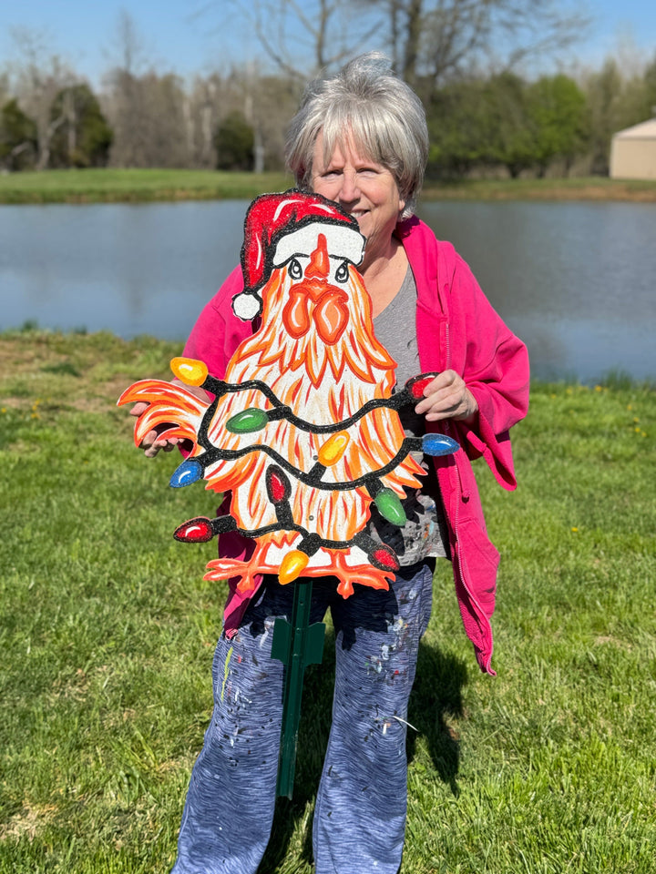 Funny Christmas Chicken Outdoor Decor | Chicken Yard Sign with Lights | Holiday Gift for Women | Farm Christmas Yard Decoration