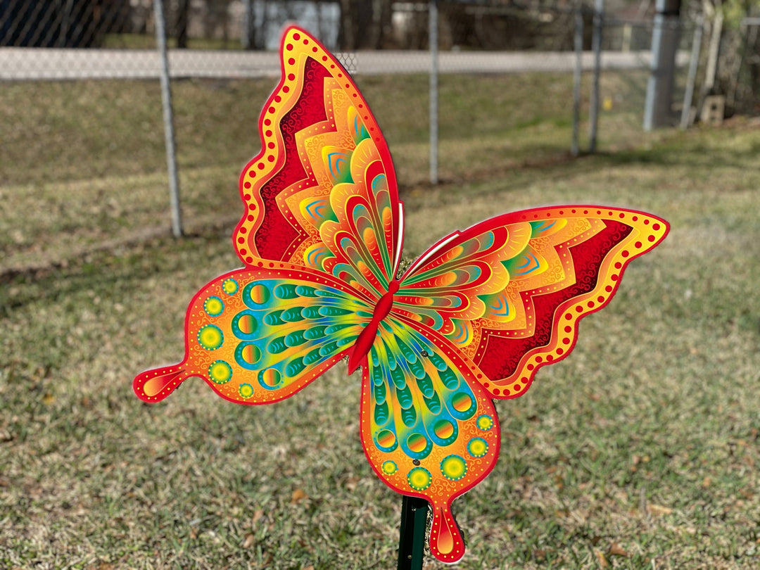 Beautiful outdoor decorative butterfly yard sign with a stake for easy mounting. Butterfly orange and red with hints of teal, yellow and green. Animal yard decor available at Yard Art Decor and More. Decorate your yard, garden, porch or patio today with summer decor signs and decorations. 
