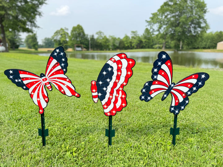 Set of 3 Patriotic Butterfly Outdoor Yard Signs
