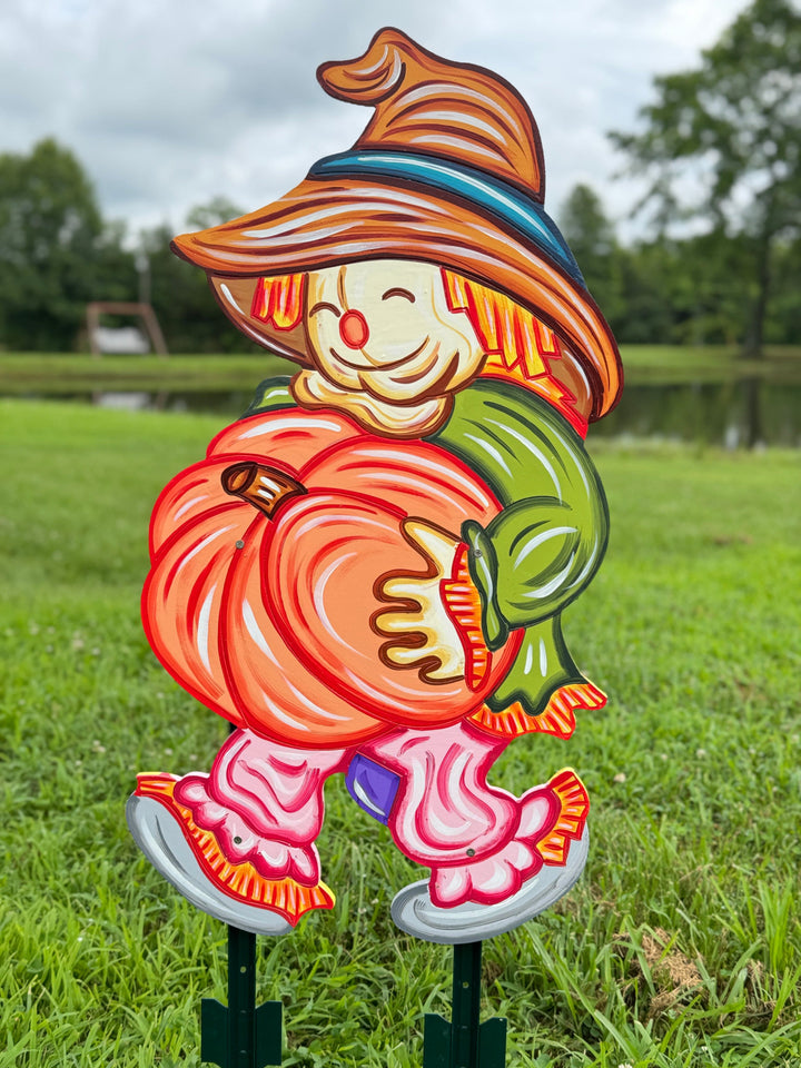 Scarecrow with Pumpkin Yard Sign – Wooden Fall Garden Stake | Outdoor Autumn Décor | Harvest & Thanksgiving Lawn Cutout
