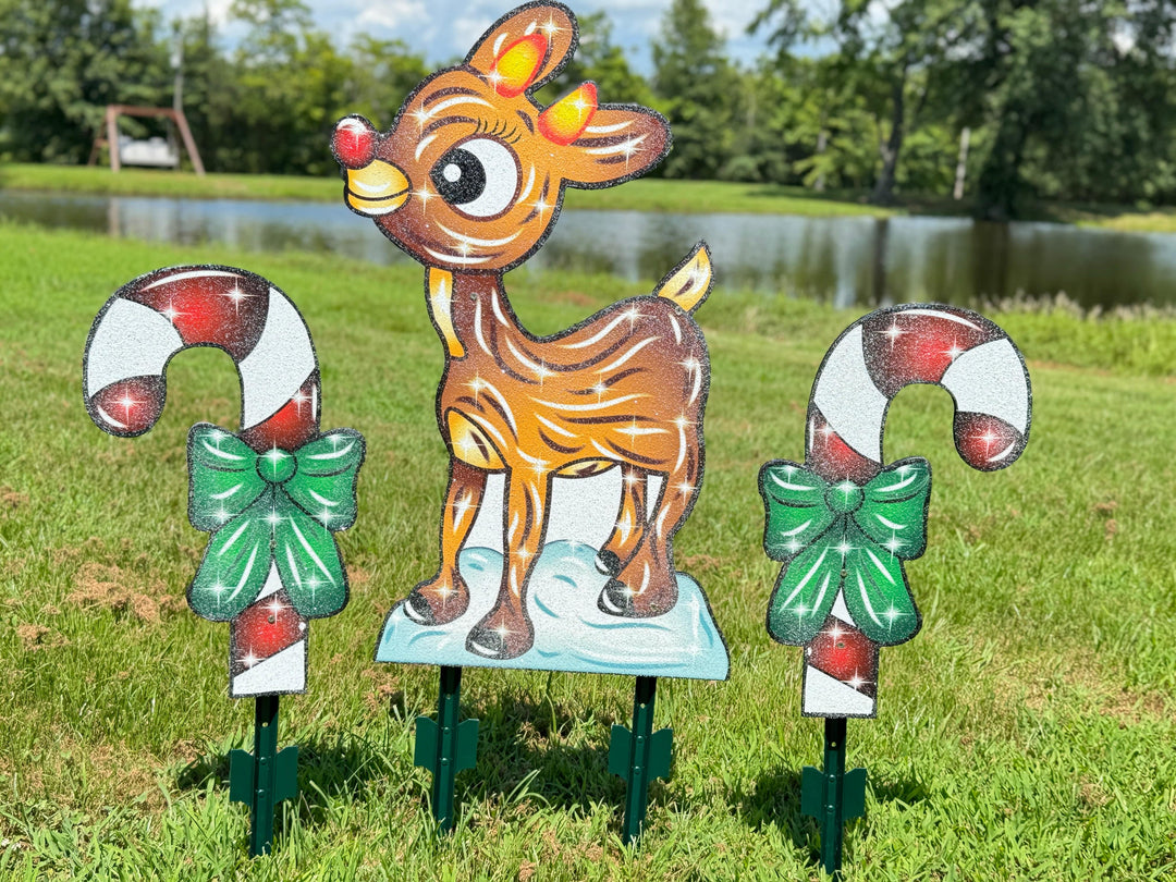 Christmas Yard Sign – Rudolph the Red-Nosed Reindeer with Candy Canes – Outdoor Holiday Gift