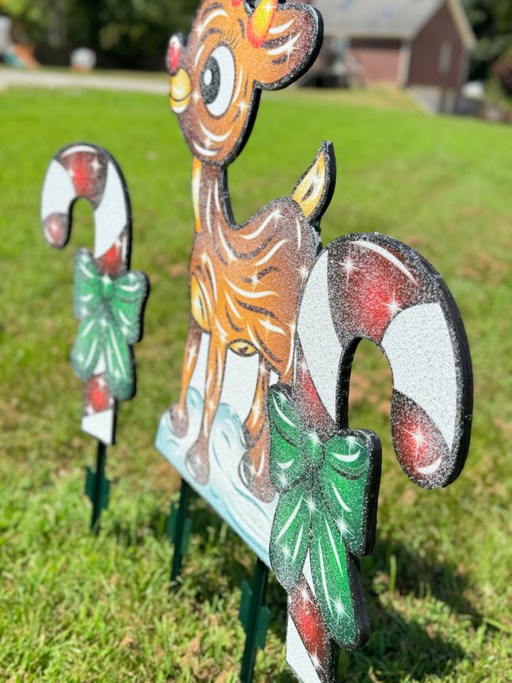 Christmas Yard Sign – Rudolph the Red-Nosed Reindeer with Candy Canes – Outdoor Holiday Gift