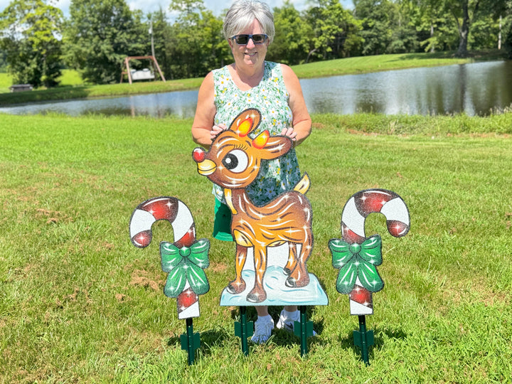 Christmas Yard Sign – Rudolph the Red-Nosed Reindeer with Candy Canes – Outdoor Holiday Gift