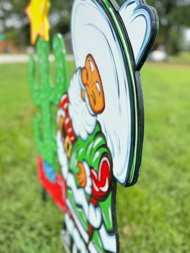 Mexican Santa with Serape & Christmas Cactus Yard Sign – Wooden Holiday Lawn Cutout | Hispanic Santa Outdoor Décor