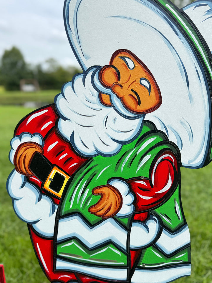 Mexican Santa with Serape & Christmas Cactus Yard Sign – Wooden Holiday Lawn Cutout | Hispanic Santa Outdoor Décor