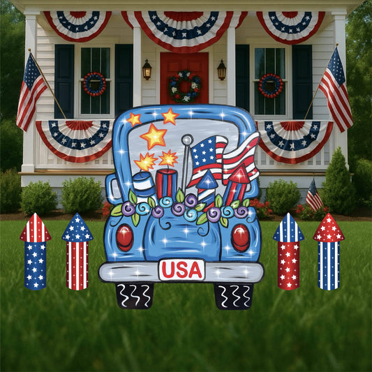 Patriotic Truck with Flowers Yard Art Decoration
