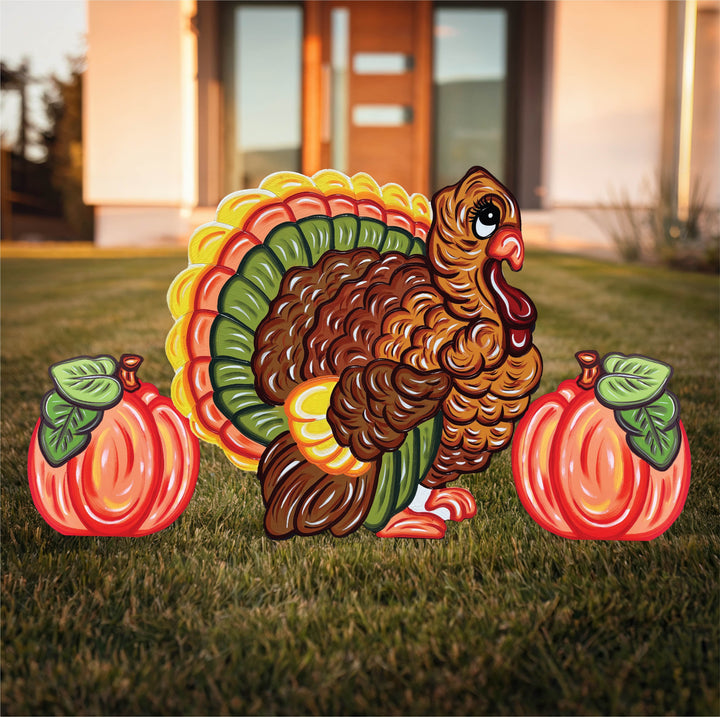 Thanksgiving and fall decorative turkey yard sign with stakes and 2 pumpkin outdoor lawn signs. Perfect decor for fall or Thanksgiving. 