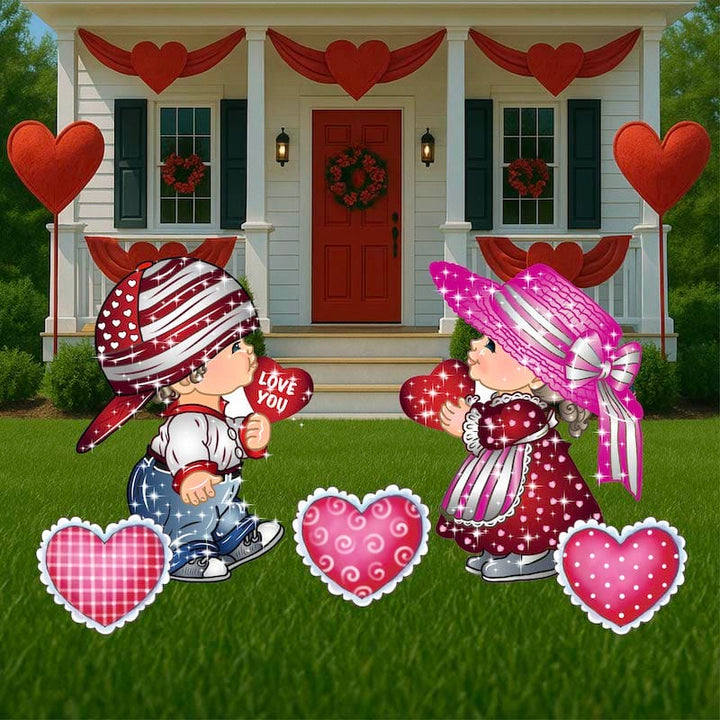 Cartoon children with heart decorations in front of a house with heart-themed decorations.