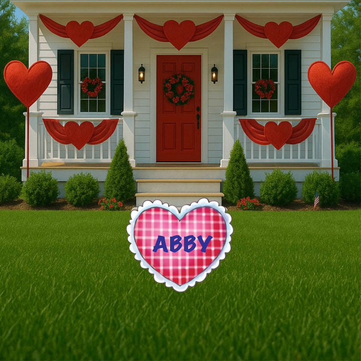 Personalized Polka Dot, Checks, and Swirls Valentines Heart With Lace Yard Signs