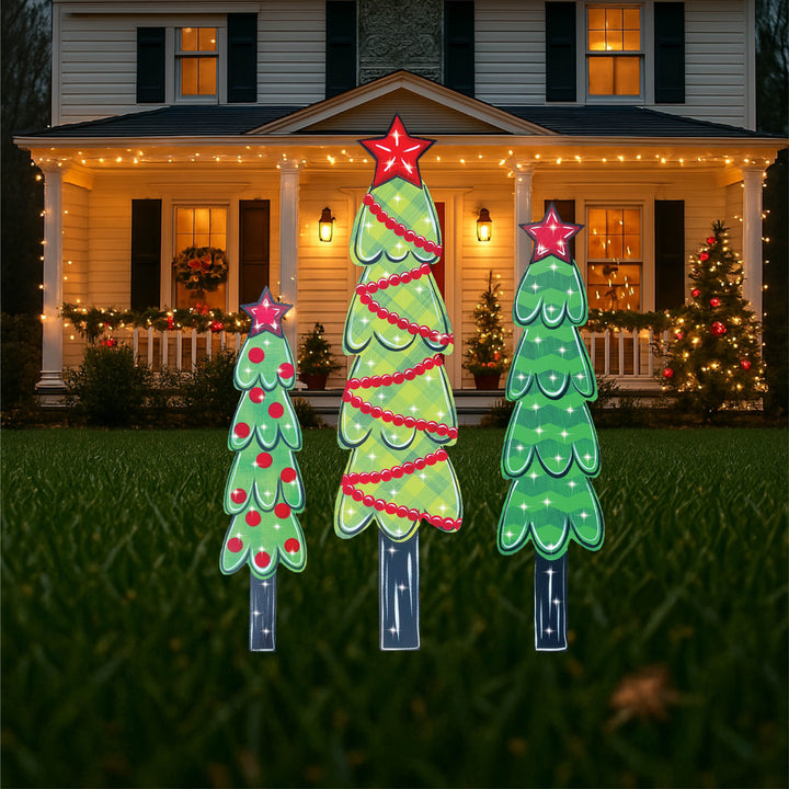 3PC GREEN Pencil Tree Set Christmas Yard Art