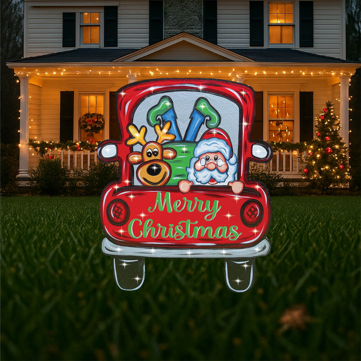 Back of Red Truck with Santa, Rudolph, and an Elf Christmas Yard Art