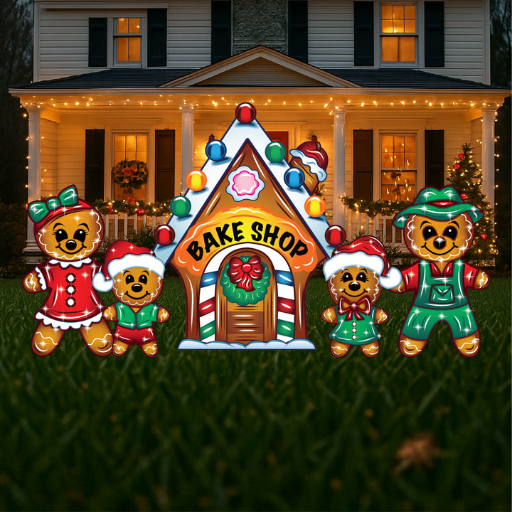 Gingerbread Bake Shop with Gingerbread Family – Christmas Yard Stakes