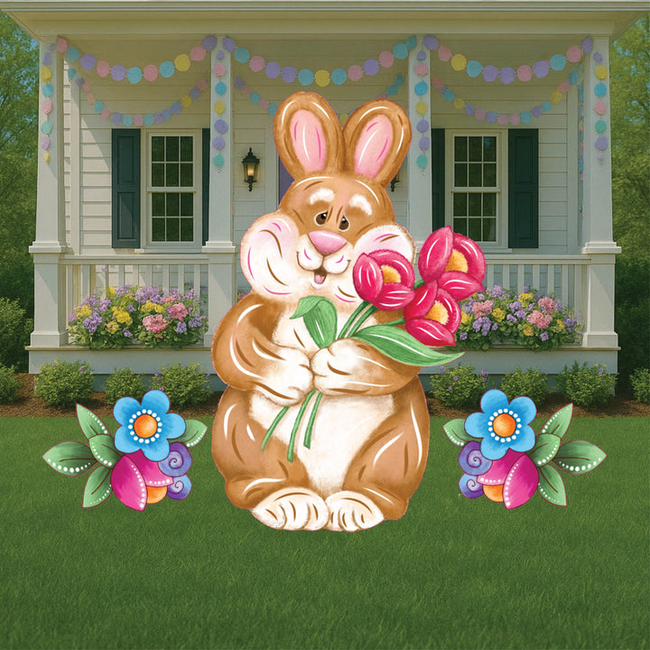 Easter Bunny holds Flowers Outdoor Decoration